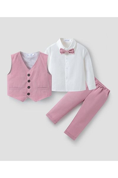 Mark & Mia Mark & Mia Shirt and Pair of Pants with Waistcoat Party Suit Set - Pink and White