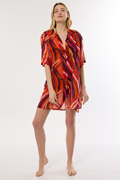 AYYILDIZ Ayyıldız 4805 Orange Purple Patterned Beach Dress