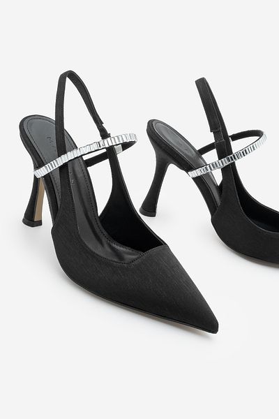 Marjin Damen-Schuhe mit Stiletto-Absatz, spitzem Zehenbereich, Riemchen und offenem Rücken, Lovan-Schuhe aus schwarzem Satin