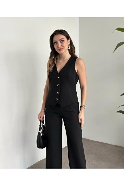 Shield Life Kadın Siyah Blazer Yelek Palazzo Pantolon Takım Elbise Alt-Üst Gold Düğme Detaylı Premium Set Takım