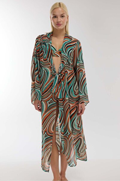 AYYILDIZ 4809 Green Patterned Beach Dress