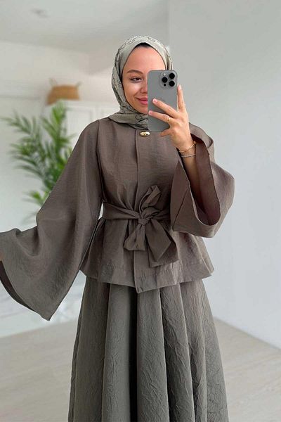 Ka Hijab Spanish Sleeve Belt Detail Skirt Suit - Khaki