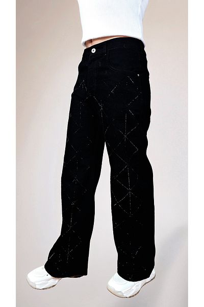 Asortik Kids Blugi Palazzo pentru fetiță, 100% bumbac, brodați cu piatră
