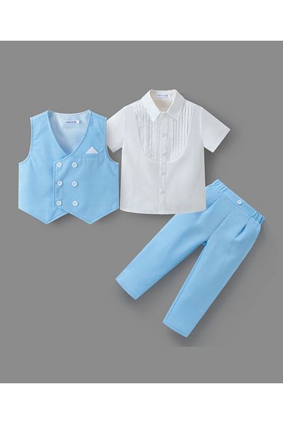 Mark & Mia Mark & Mia Shirt and Pair of Pants with Waistcoat Party Suit Set - Blue and White