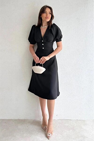 Deafox Black Balloon Sleeve Front Button Detail Crepe Fabric Midi Dress