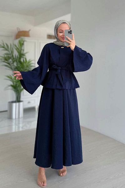 Ka Hijab Spanish Sleeve Belt Detail Skirt Suit - Navy Blue