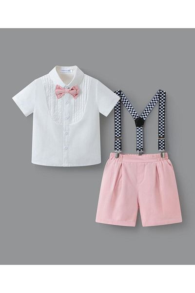 Mark & Mia Mark & Mia Party Suit with Bow and Suspenders - White & Pink