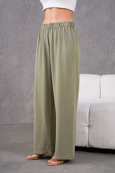 MVStore Women's Elastic Waist Wide Leg Comfortable Fit Linen Trousers