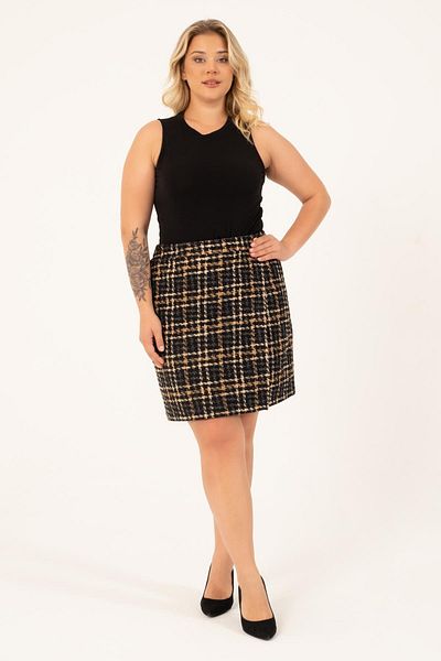 MYLİNE Lined Tweed Skirt with Elastic Waist