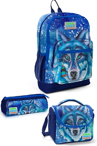 hediyeconcepti Set de genți de școală din 3 piese Coral High Kids, albastru bleumarin, cu model de lup
