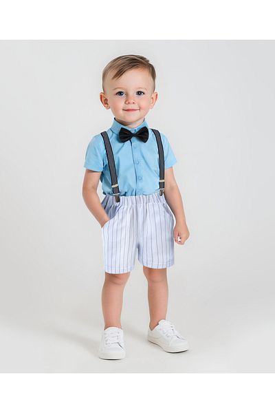 Mark & Mia Mark & Mia 100% Cotton Short Sleeves Striped Party Suit with Suspenders & Bow - Blue