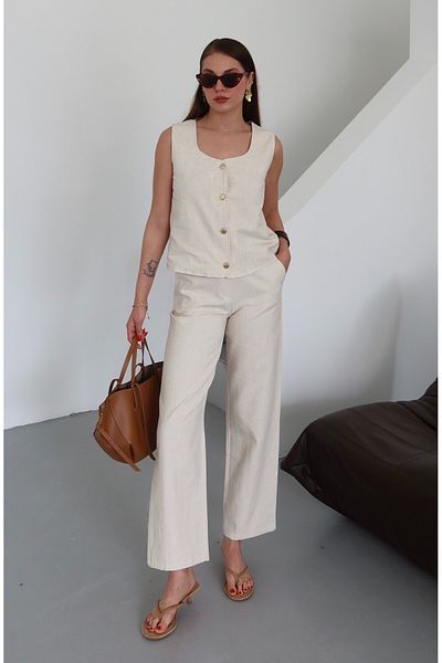 Laluvia Ecru Gold Button Vest Trousers Set - 7134