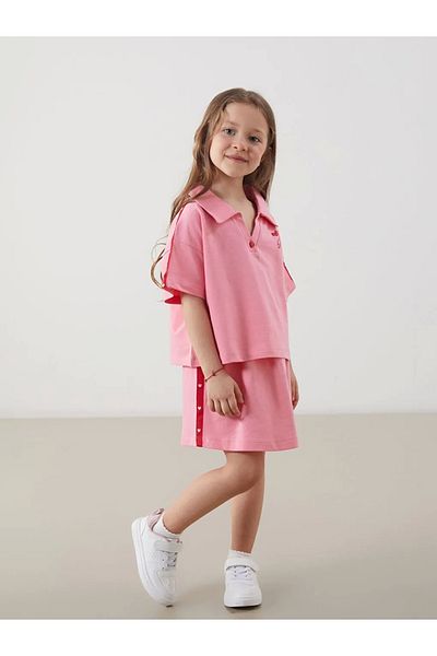 LC Waikiki Lcw Kids Pink Polo Collar 100% Cotton Girls T-Shirt and Skirt Set of 2