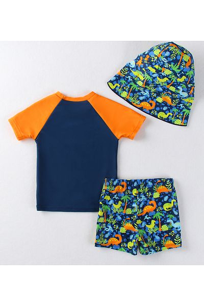 SAPS SAPS Dinosaur Printed Quick Drying Short Sleeves Sun Top & Swim Shorts Set With Cap - Navy Blue