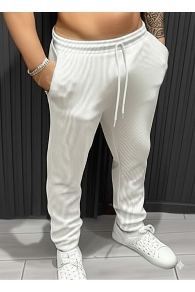 CAST COLLECTİON Men's Ecru Striped Wide Leg Summer Sweatpants
