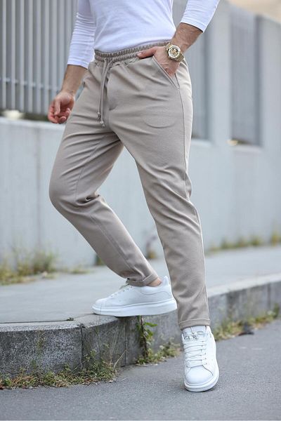Miron Beige Elastic Waist Modern Fit Men's Jogger Trousers-2513