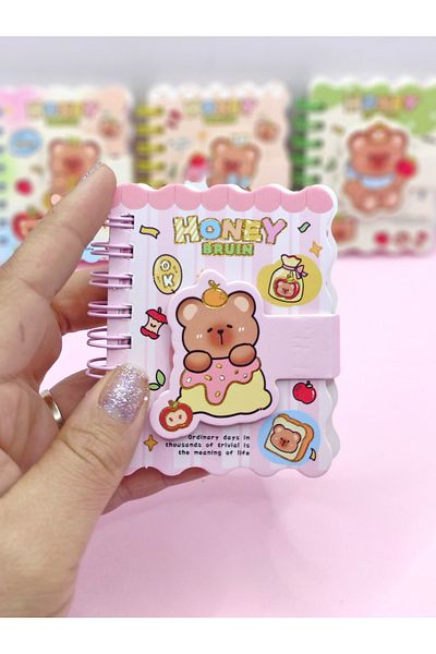 Limmy Mini bloc de note drăguț - Dimensiune 7x8 cm Buzunar, Pink honey bear