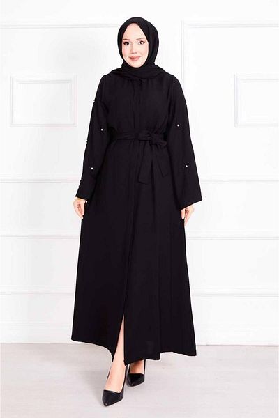 Güler Casual Μανίκι Λεπτομερές κρεπ ύφασμα μαύρο χρώμα Abaya