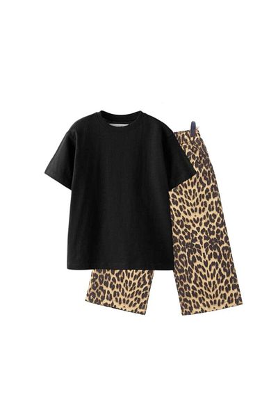 MİO Κοριτσίστικο Leopard Παντελόνι T-Shirt Σετ κάτω μπλουζάκι