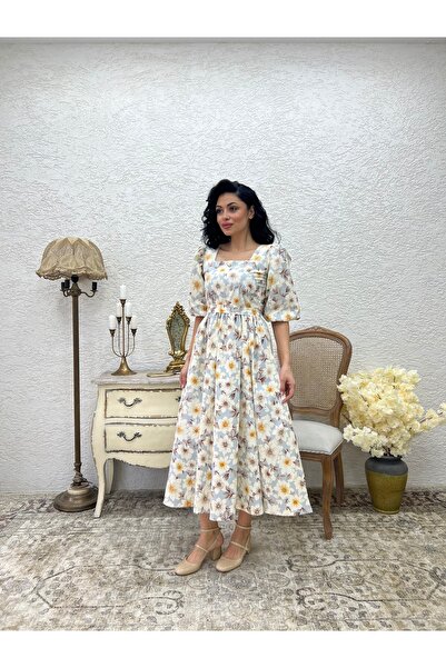 KÜÇÜĞÜM BUTİK Kahve Açelya Çiçeği Kare Yaka Kloş Elbise