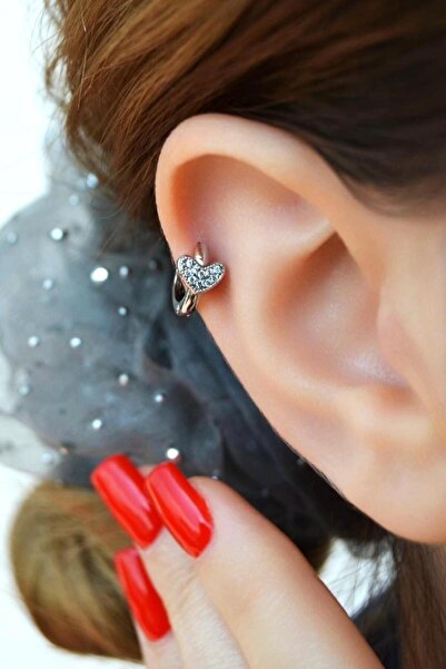Sacce Scarves&Accessories Taşlı Kalp Detaylı Halka Helix Piercing Kıkırdak Lo...