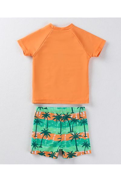 SAPS SAPS Beach Theme Print Quick Drying Short Sleeves Sun Top & Swim Shorts Set - Orange & Green