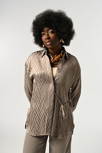 Orfeo Negro Women's Ethnic Patterned Gray Color Shirt with Tieing Detail