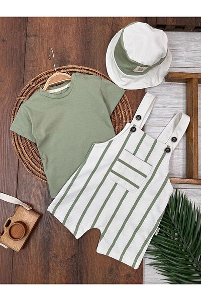 Adda Baby Summer 3-Piece Baby Boy Salopet Jumpsuit Striped Patterned Snap T-Shirt Cotton Baby Boy Set