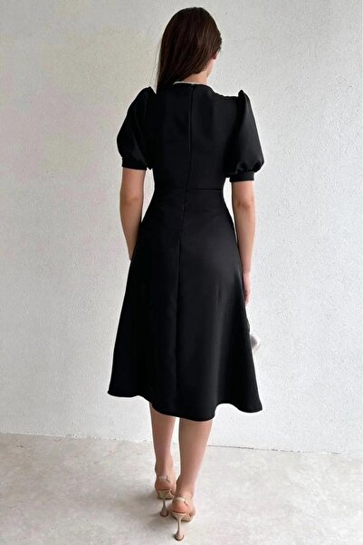 Deafox Black Balloon Sleeve Front Button Detail Crepe Fabric Midi Dress