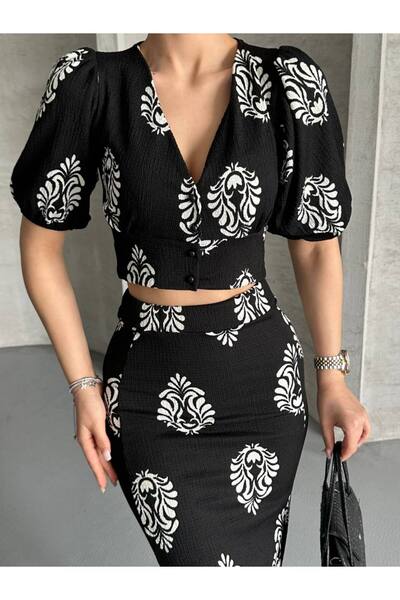 ZF BUTİK DOPPELTER ANZUG MIT BLUSE UND ROCK MIT FUNKELNEM MUSTER