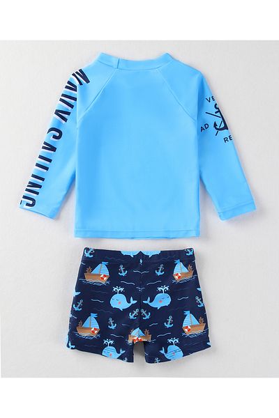SAPS SAPS Sailing Theme Print Quick Drying Full Sleeves Sun Top & Swim Shorts Set - Blue