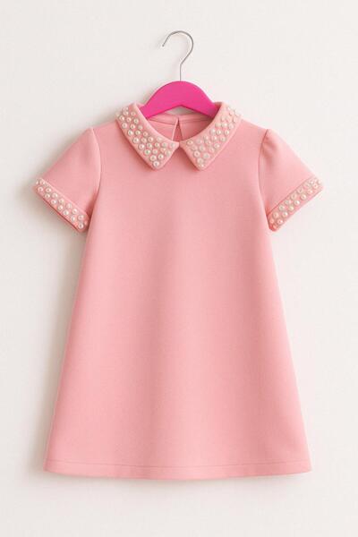 Hilal Akıncı Kids Kısa Kollu Kız Elbise Yakası ve Kolu Taşlı