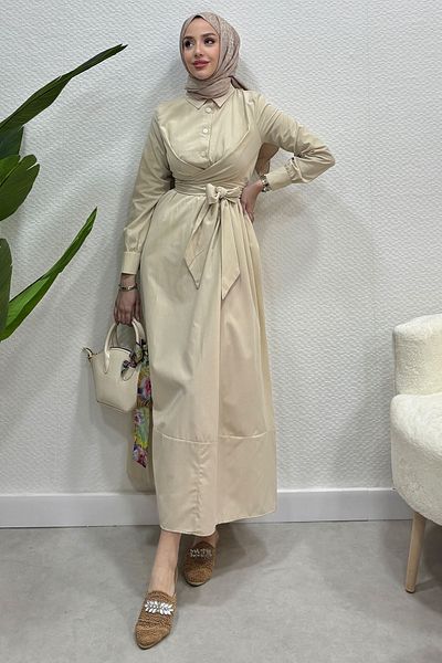Tesettür Diyarı Κρέμα φόρεμα Hijab με δεμένη μέση