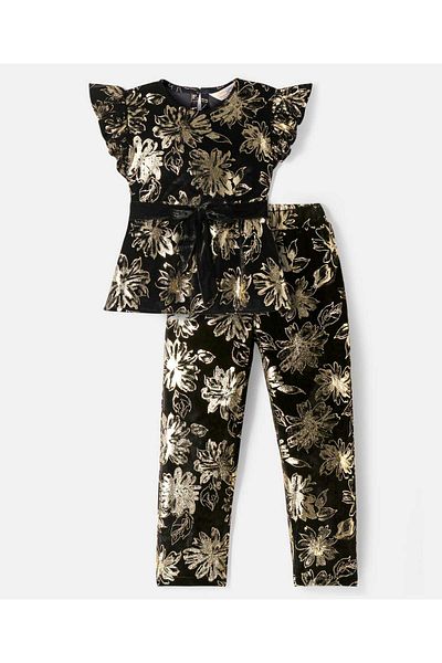 Primo Gino Primo Gino Velour All-Over Printed Partywear Suit Set - Black & Golden