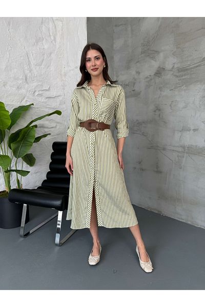 Elif Özbey Butik Rochie cămașă cu curea cu dungi verzi