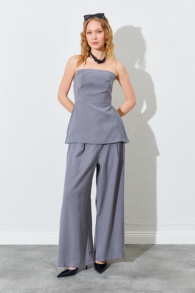 TENA Women's Anthracite Strapless Blouse Palazzo Pants Suit