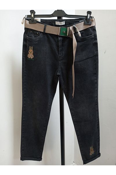 AKŞEN GİYİM Plus Size High Waist Loose Lycra Rabbit Figure Printed Black Jeans Pants with Belt