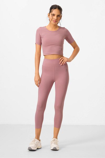 TOMMY LIFE Set crop top cu talie înaltă Dusty Rose și jambiere slim fit pentru femei - 95285