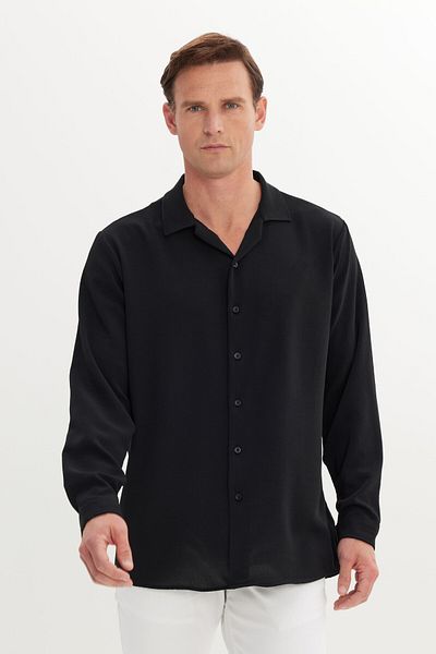 AC&Co / Altınyıldız Classics Ανδρικό μαύρο πουκάμισο Comfort Fit Relaxed Cut Hawaiian Collar Jacquard