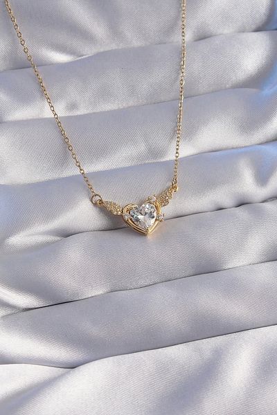 Store 316L Steel Chain Gold Color Zircon Stone Winged Heart Necklace