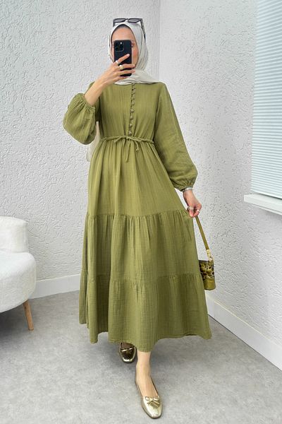 Salih Çelebi Φόρεμα Birit με λεπτομέρεια με κουμπί 2237 - PISTACHIO GREEN