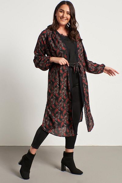 MYLİNE Lace Stripe Detail Long Kimono