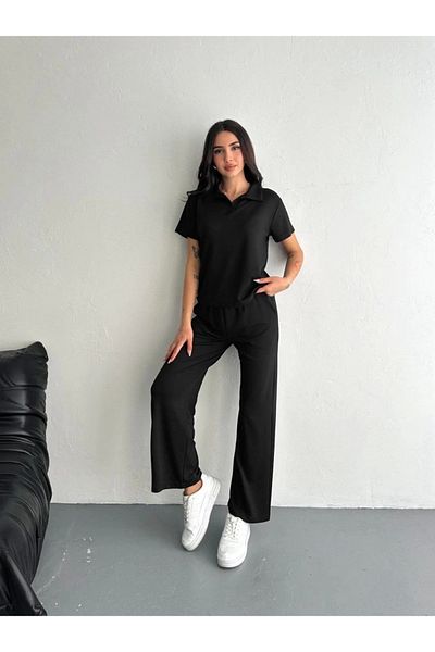 Tam12den Home Short Sleeve Collared T-Shirt Pantalon Double Suit - Black