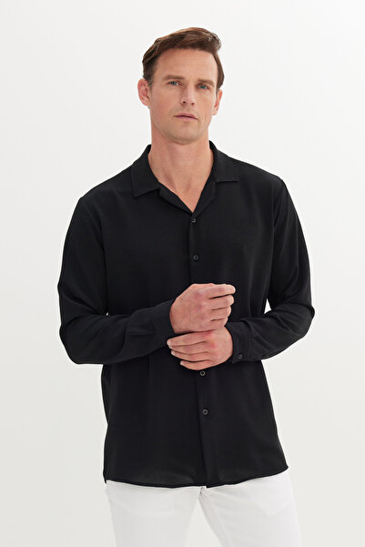 AC&Co / Altınyıldız Classics Erkek Siyah Comfort Fit Rahat Kesim Hawai Yaka Jakarlı Gömlek