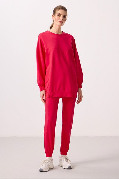 TOMMY LIFE Viva Red O Neck Basic Oversize Women's Tracksuit Tunic Set - 95347