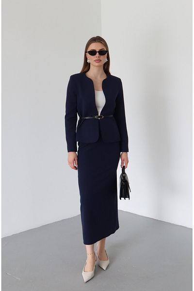 Laluvia Navy Blue Elvira Pencil Skirt Jacket Set - 8661