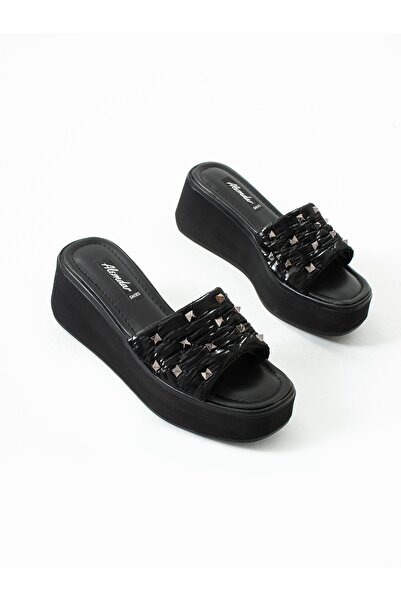 ALEMDAR AYAKKABI RİCE Чорні тапочки з тропічним наповненням для жінок