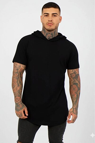 NO 601 Ανδρικό μπλουζάκι με μαύρη κουκούλα, κοντό μανίκι, οβάλ λεπτή εφαρμογή