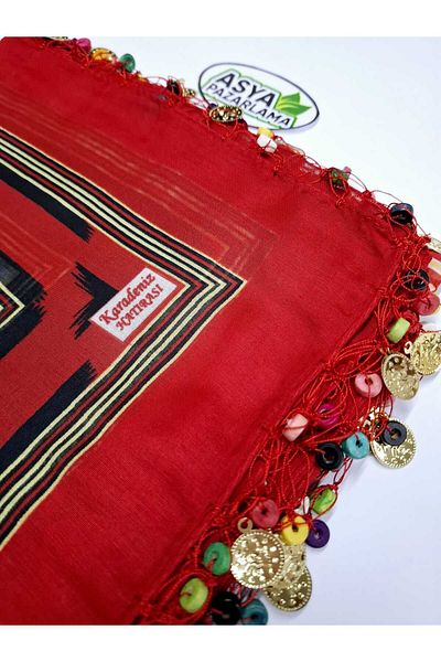ASYA PAZARLAMA 5 Pieces of Black Sea Lira and Wooden Beads Writing, Cheesecloth, Keşan, Scarf, Shawl, Scarf, Hair Band, Bandana