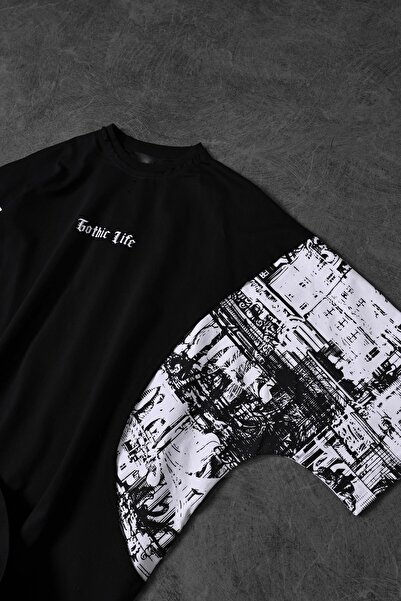 Slatra Men's Black Gothic Life Sleeve Printed Oversize Tshirt